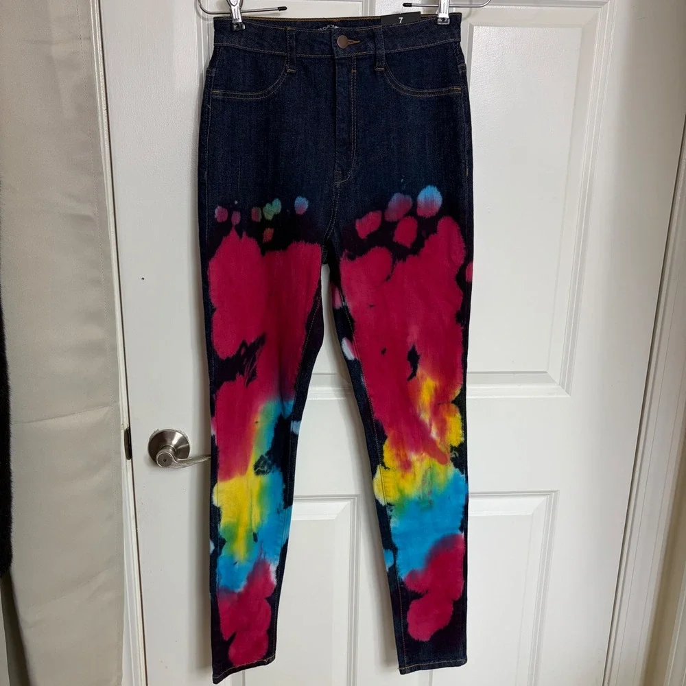 Fashion Nova Pride Tie Dye Skinny Jeans Dark Wash High Waist Rainbow Size 7 NEW